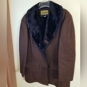 Men's Brown Coat with Black Fur Collar And Fur Lining